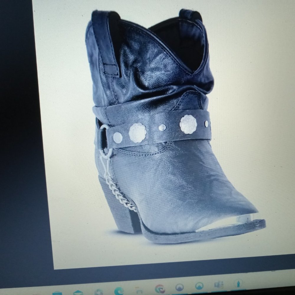 Cowgirl style black ankle boots with decorative, detachable under-boot chain  -